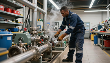 Technician adjusting pipes and valves on industrial machinery in a workshop