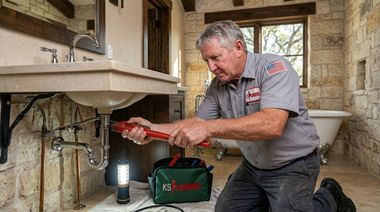 Plumber kneels under a sink, tightening pipes beside a lit work light in a stone bathroom.