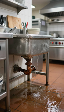 Kitchen sink with a rusted drain pipe leaking water onto the tiled floor.