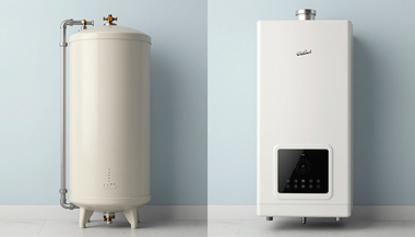 Two modern water heaters, beige tank and white wall-mounted unit, on a light background