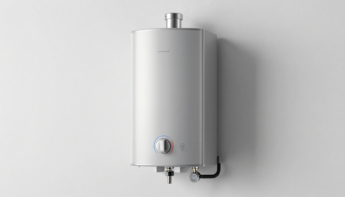 Wall-mounted white water heater with a small control dial and plumbing connections at the bottom.