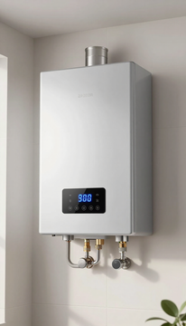 Wall-mounted white boiler with digital display and exposed pipes in a corner room.