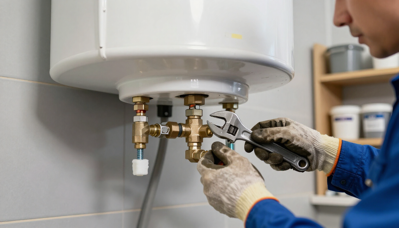 Technician repairing pipes beneath a white water heater with a wrench
