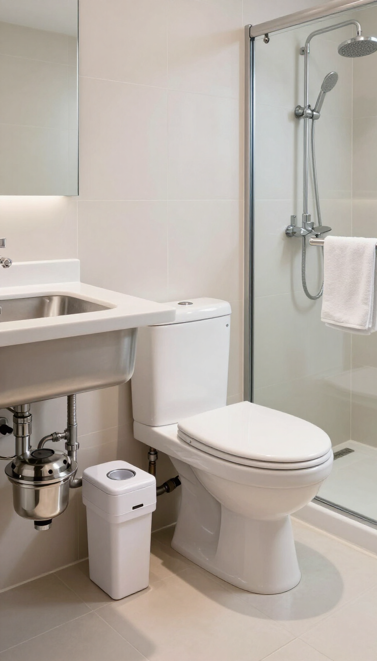 Modern bathroom with sink, toilet, shower, and towel rack