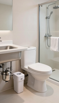 Modern bathroom with sink, toilet, shower, and towel rack
