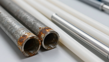 Rusty metal pipes and shiny silver tubes arranged on a white surface