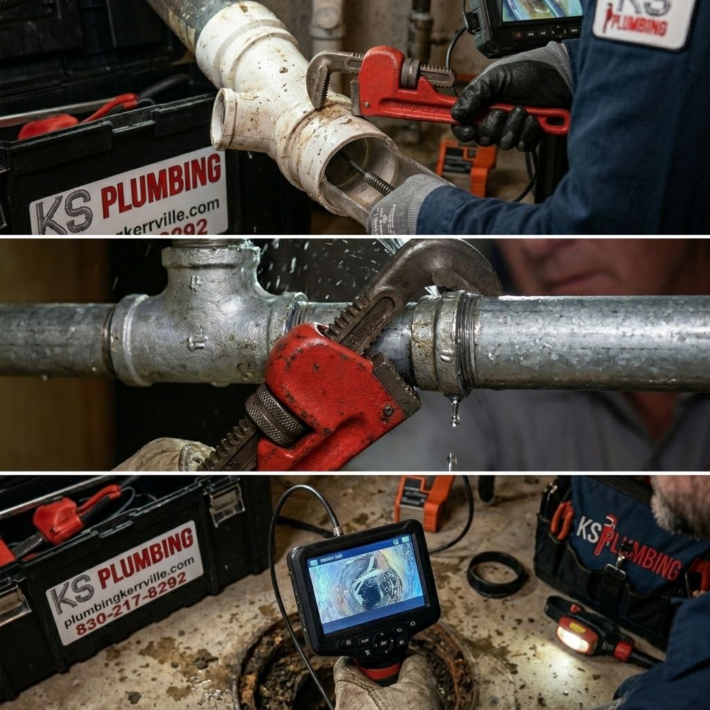 Plumber using red pipe cutter on metal pipe; inspection monitor and KS Plumbing tools in the foreground.