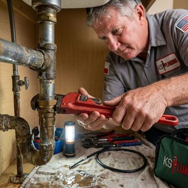 Plumber tightening a pipe with a red wrench under a sink, in a cramped utility area.
