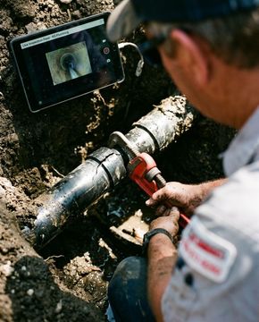 Technician inspecting a buried pipe with a handheld camera monitor at a dirt excavation site