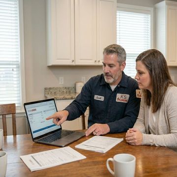 Two people review documents on a laptop at a kitchen table with a coffee mug and papers.