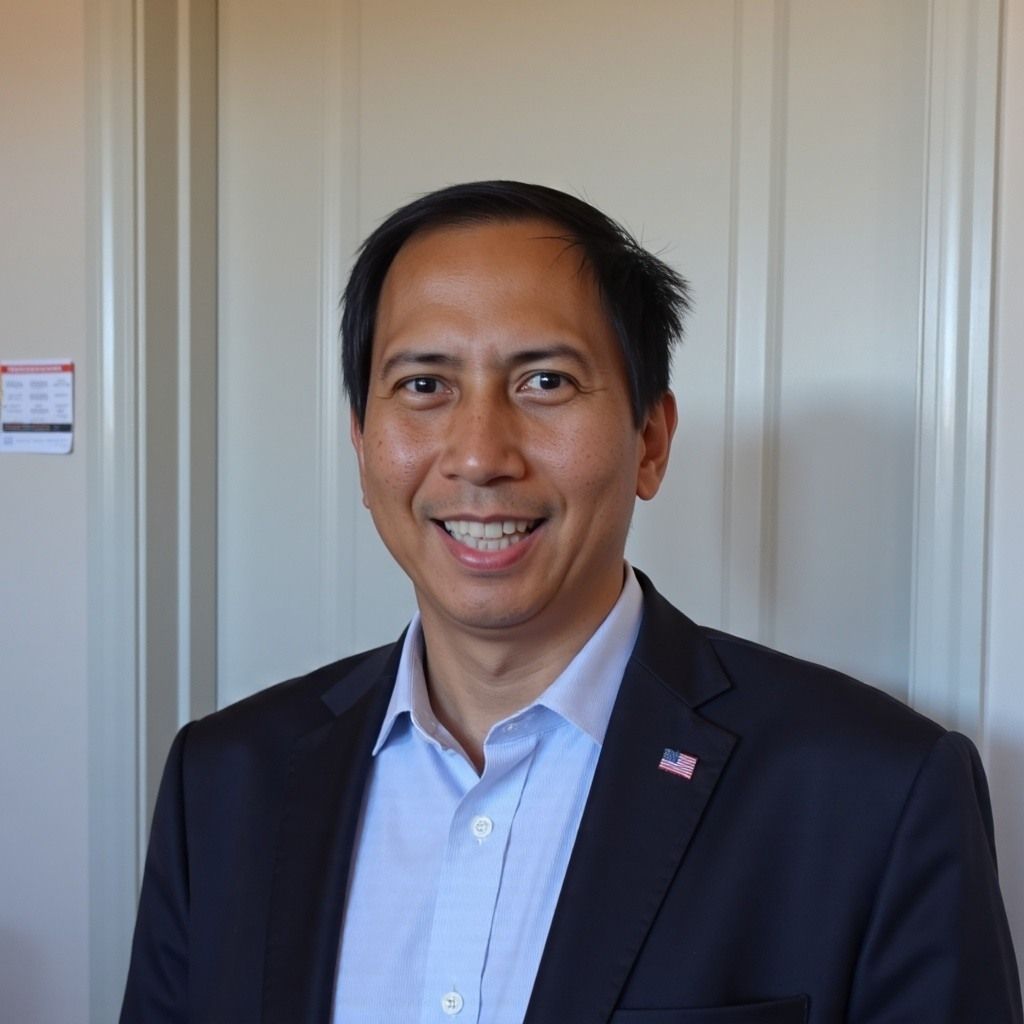 A man in a suit and blue shirt is smiling for the camera