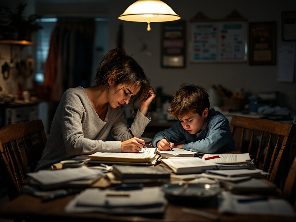 Mother and child struggling over homework and organization, exhaustion, overwhelm, ADHD