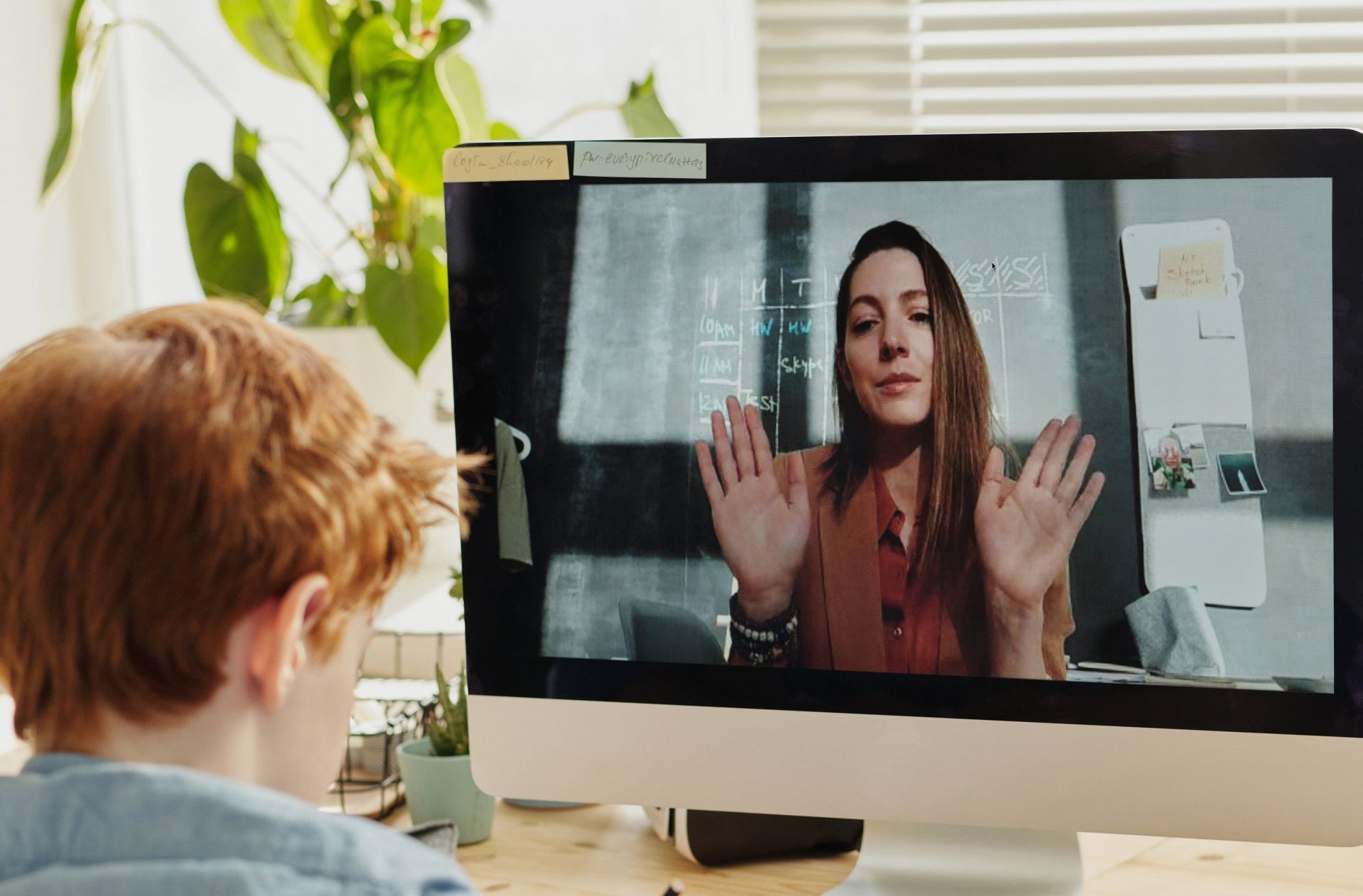 A boy is sitting in front of a computer screen talking to a woman. Online EF coaching/tutoring