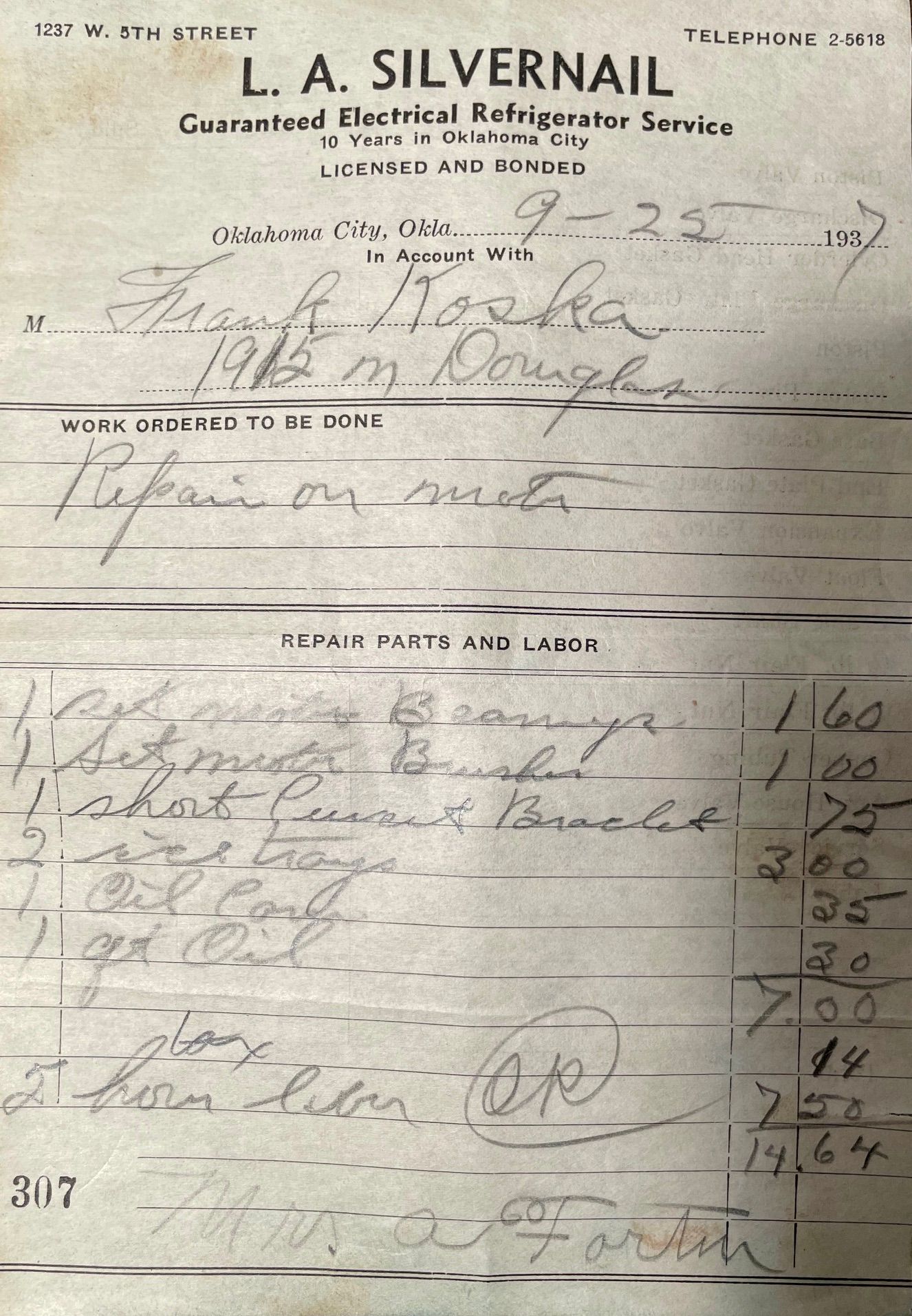 Invoice for electrical refrigerator service. Handwritten with itemized costs.