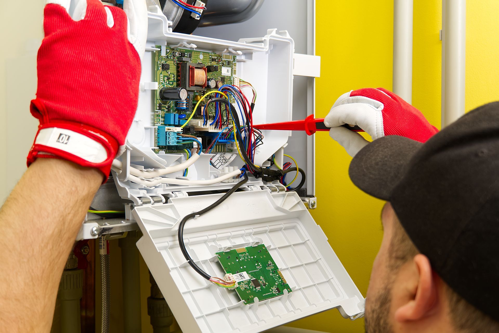 A person in red gloves is working on electrical components inside an open white box mounted on a wall.