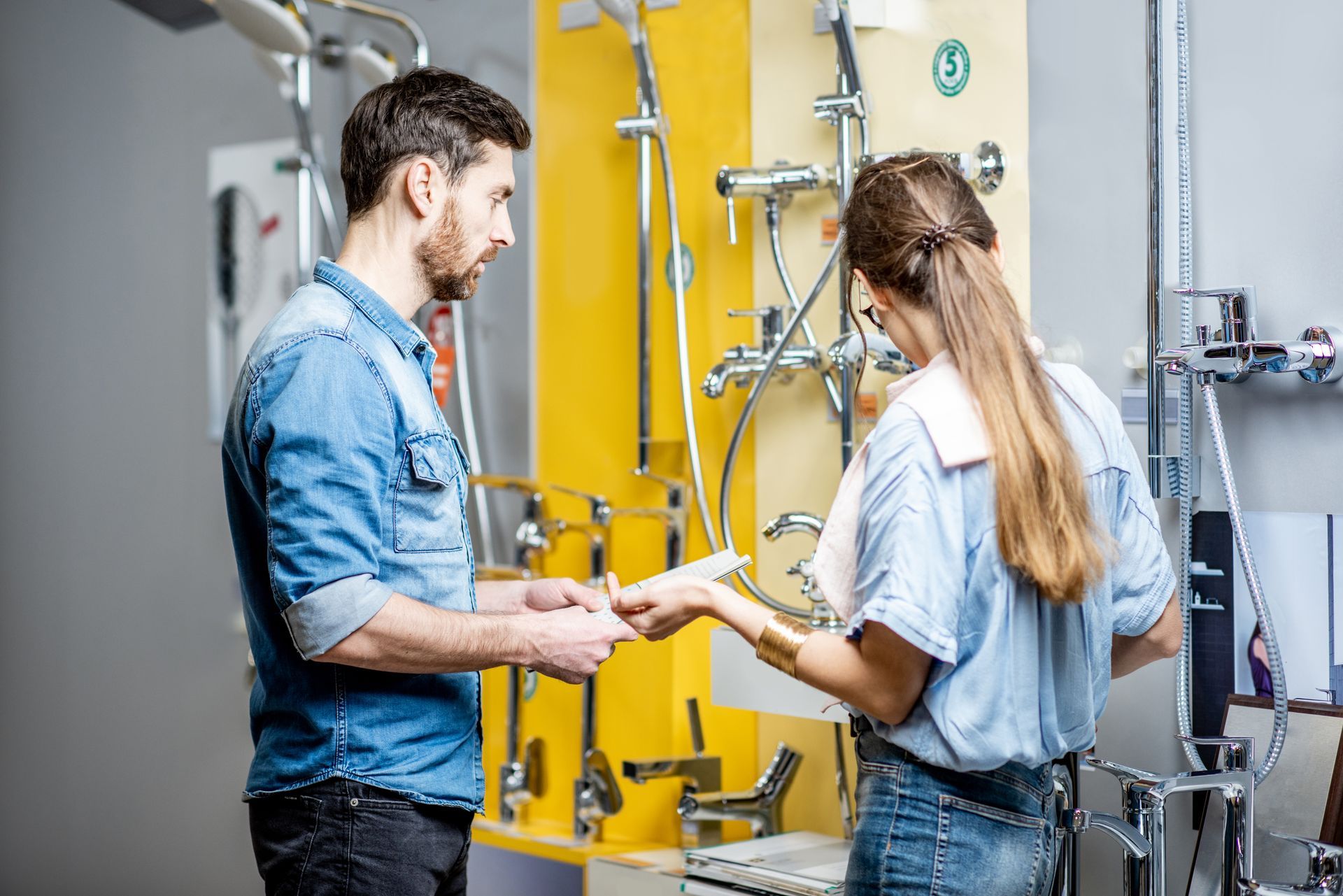 Man and woman looking at shower fixtures in a store, discussing options.