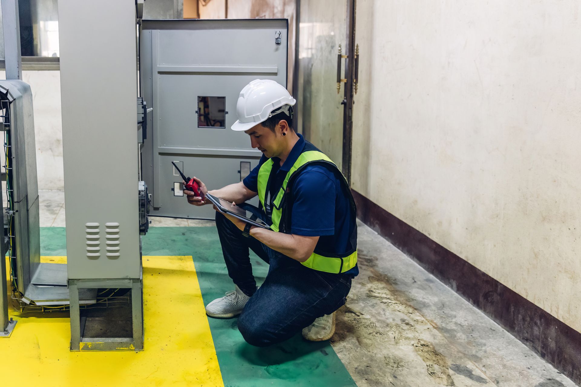Electrician in hard hat inspecting electrical panel in utility room.