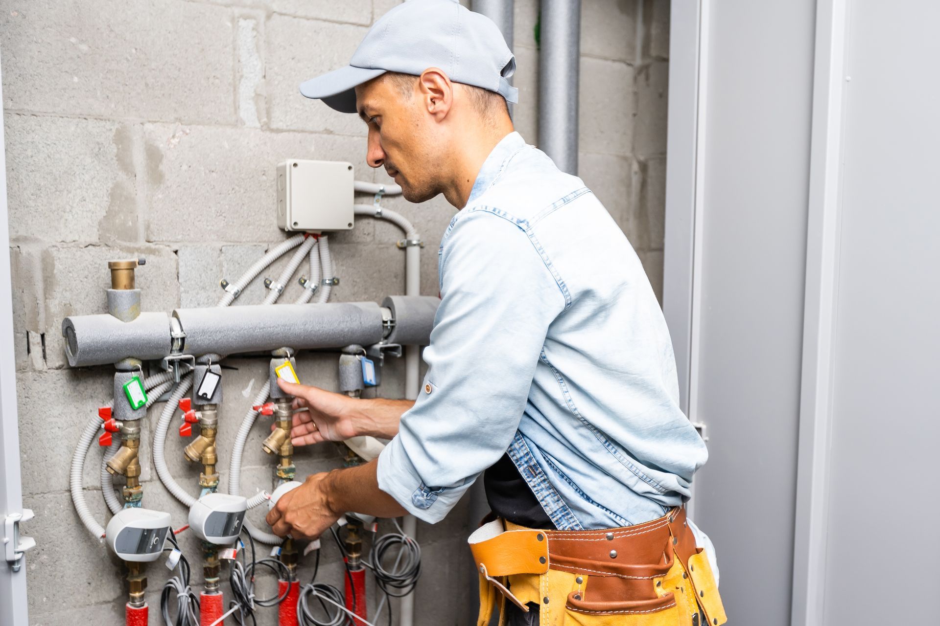 Plumber in a light blue shirt and cap works on pipes and valves, gray and beige tones.