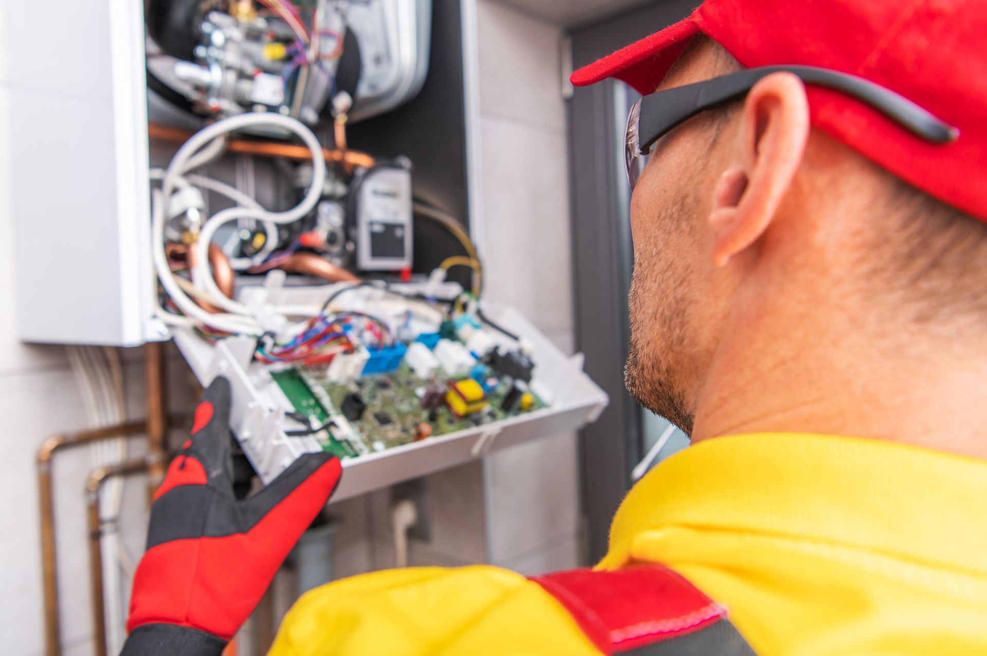 A person in red gloves and cap inspects the circuit board inside a boiler.