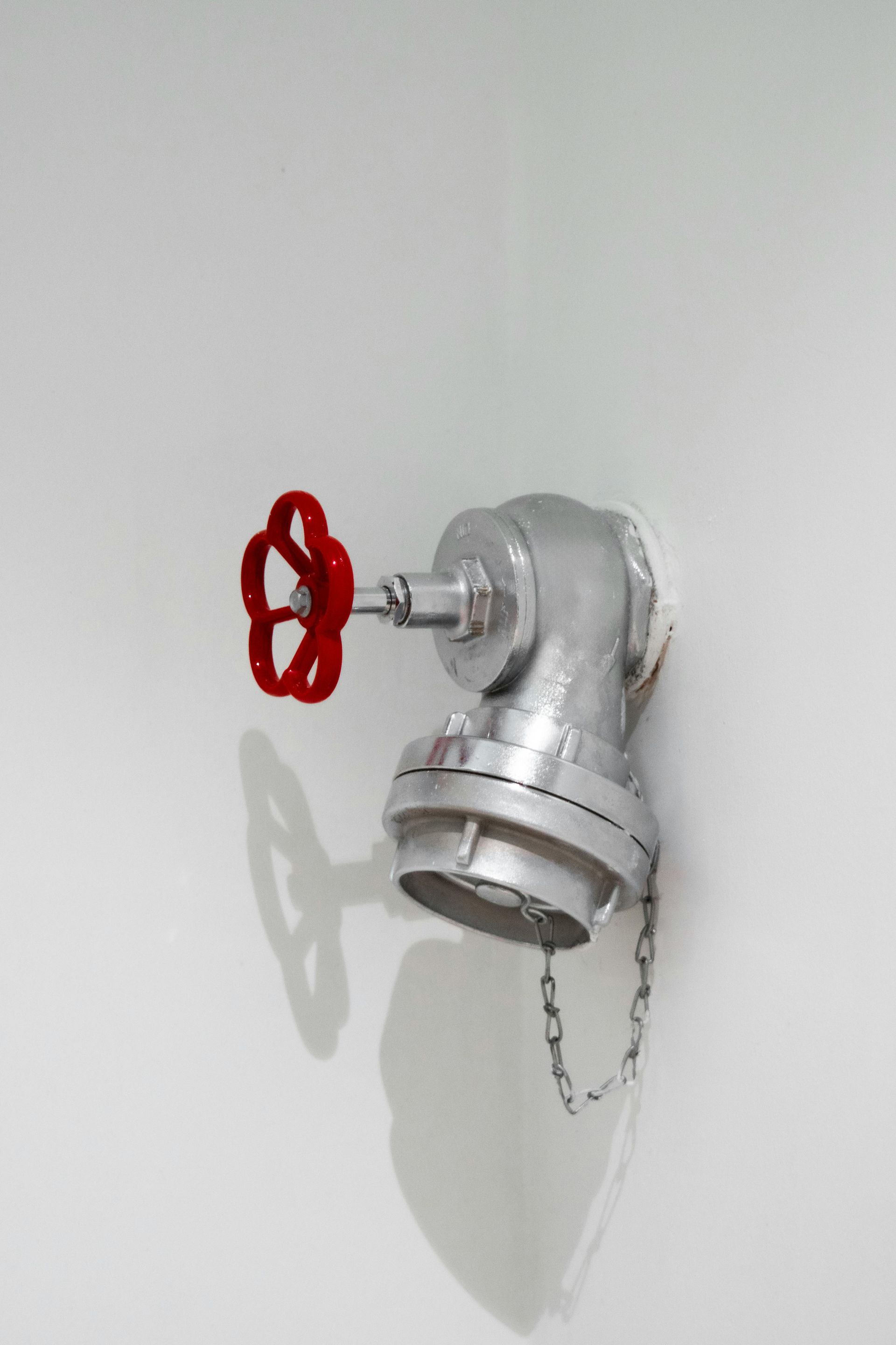 Fire hose valve on a white wall with a red handle and metal body.