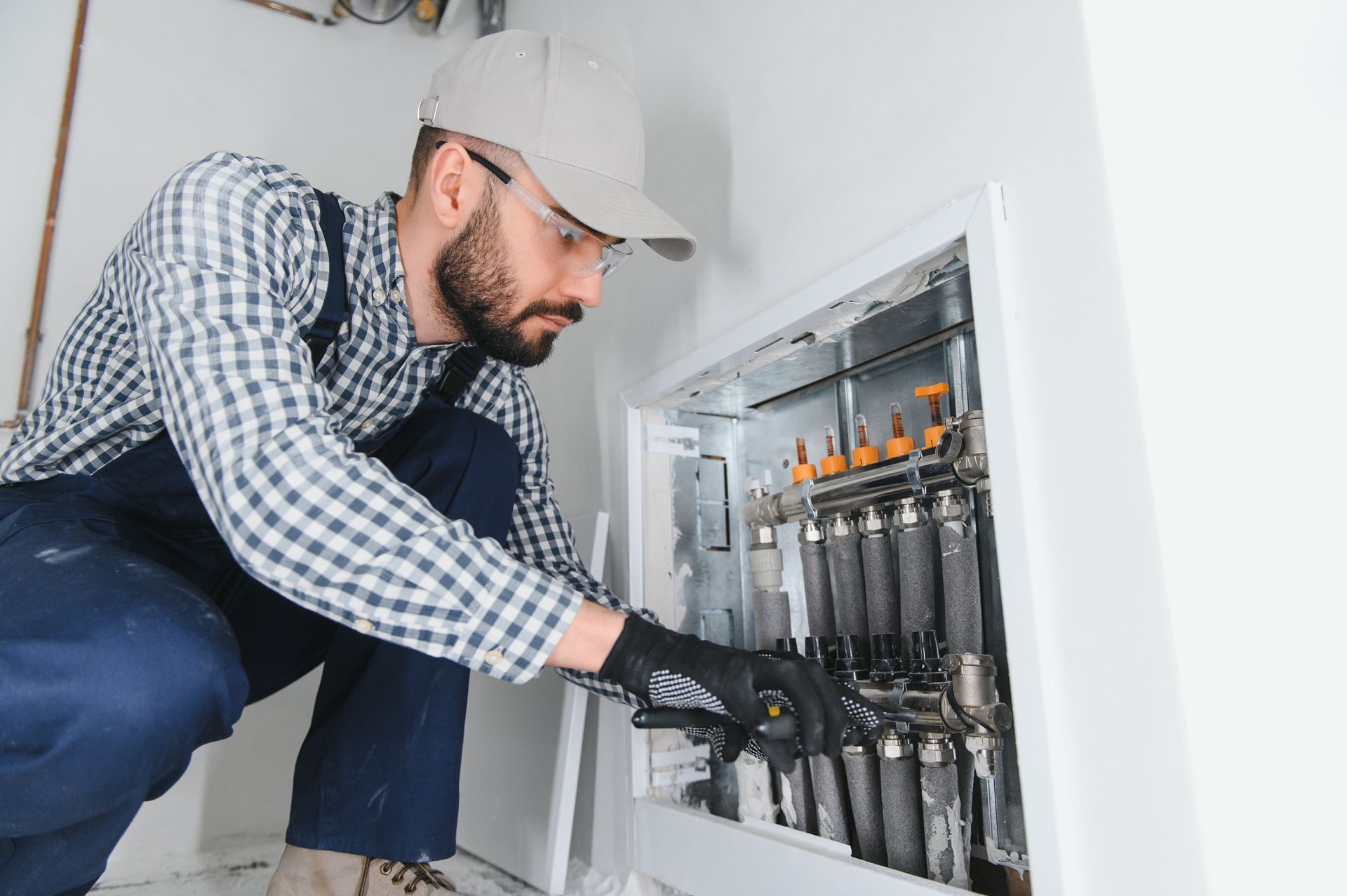 Man in work clothes inspects pipes inside a wall panel. Wearing glasses, gloves, and a cap.