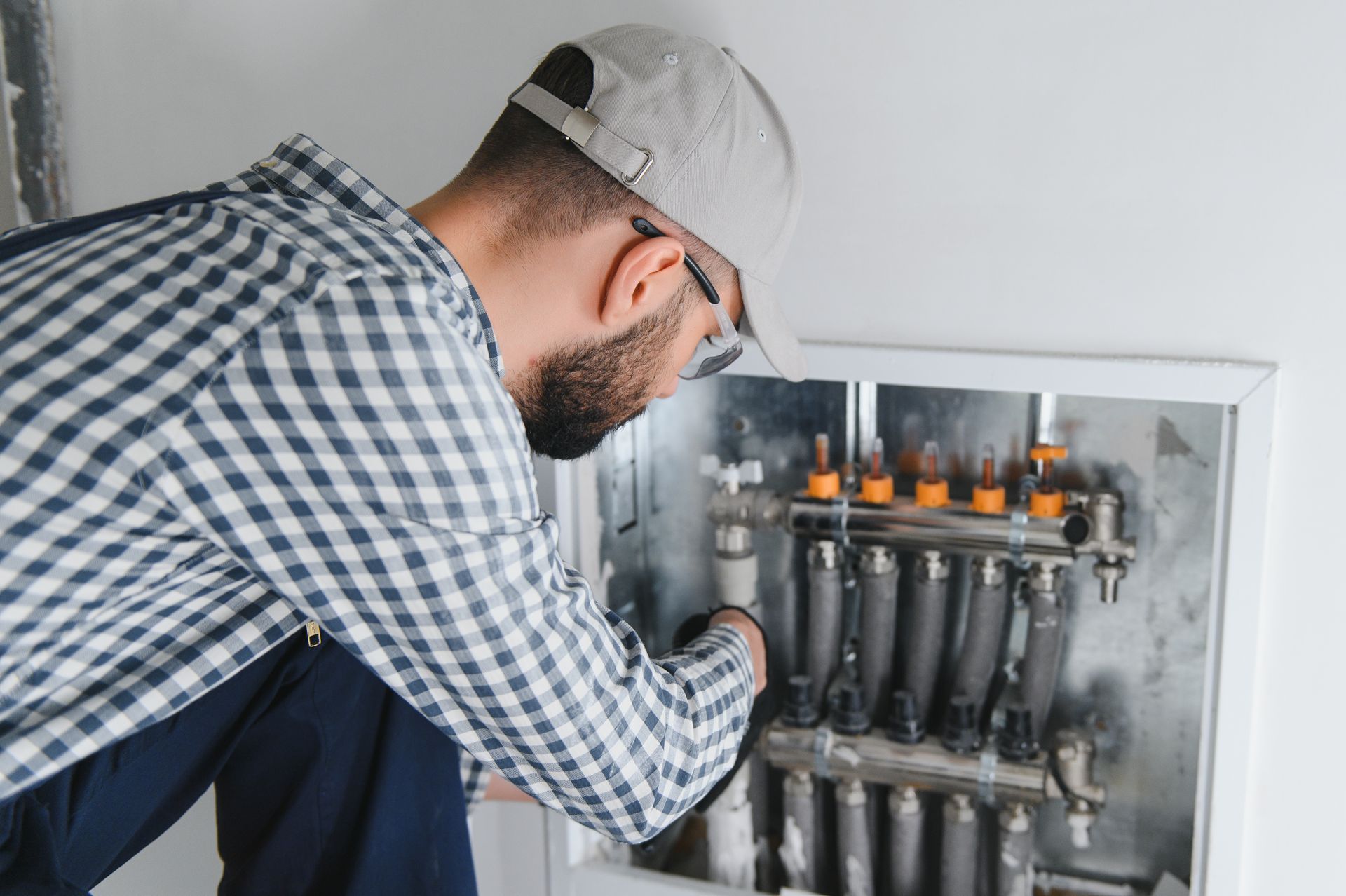 A man wearing a cap and checkered shirt examines a complex plumbing system inside a wall.