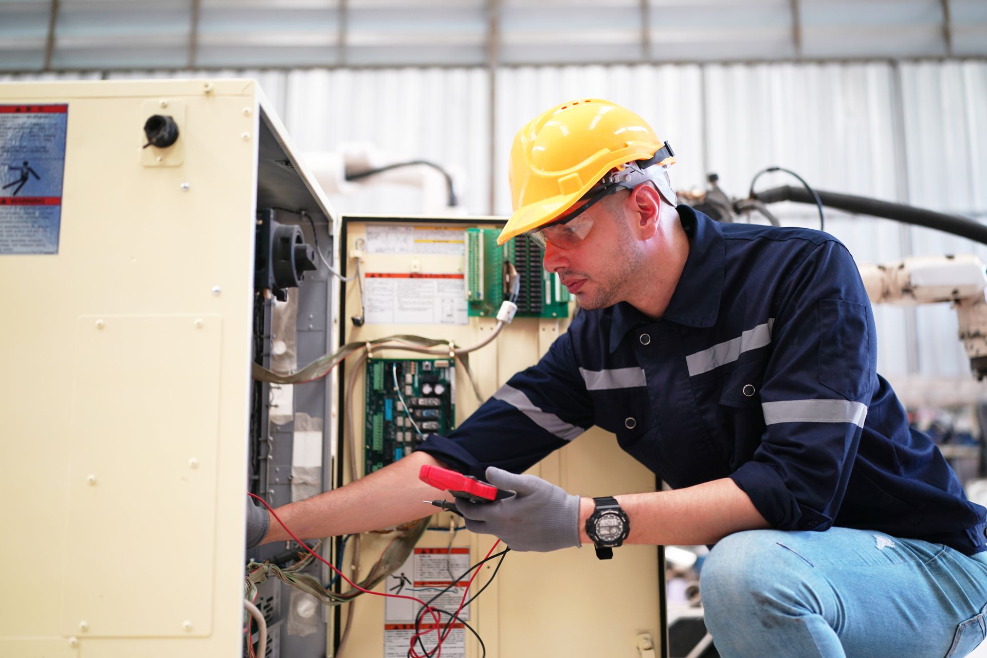 Electrician in a yellow hard hat inspecting electrical panel with a multimeter.