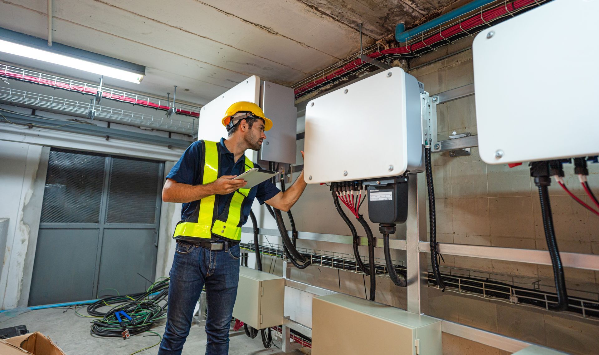 Electrician inspects solar panel equipment, wearing a yellow helmet and safety vest, in a utility room.