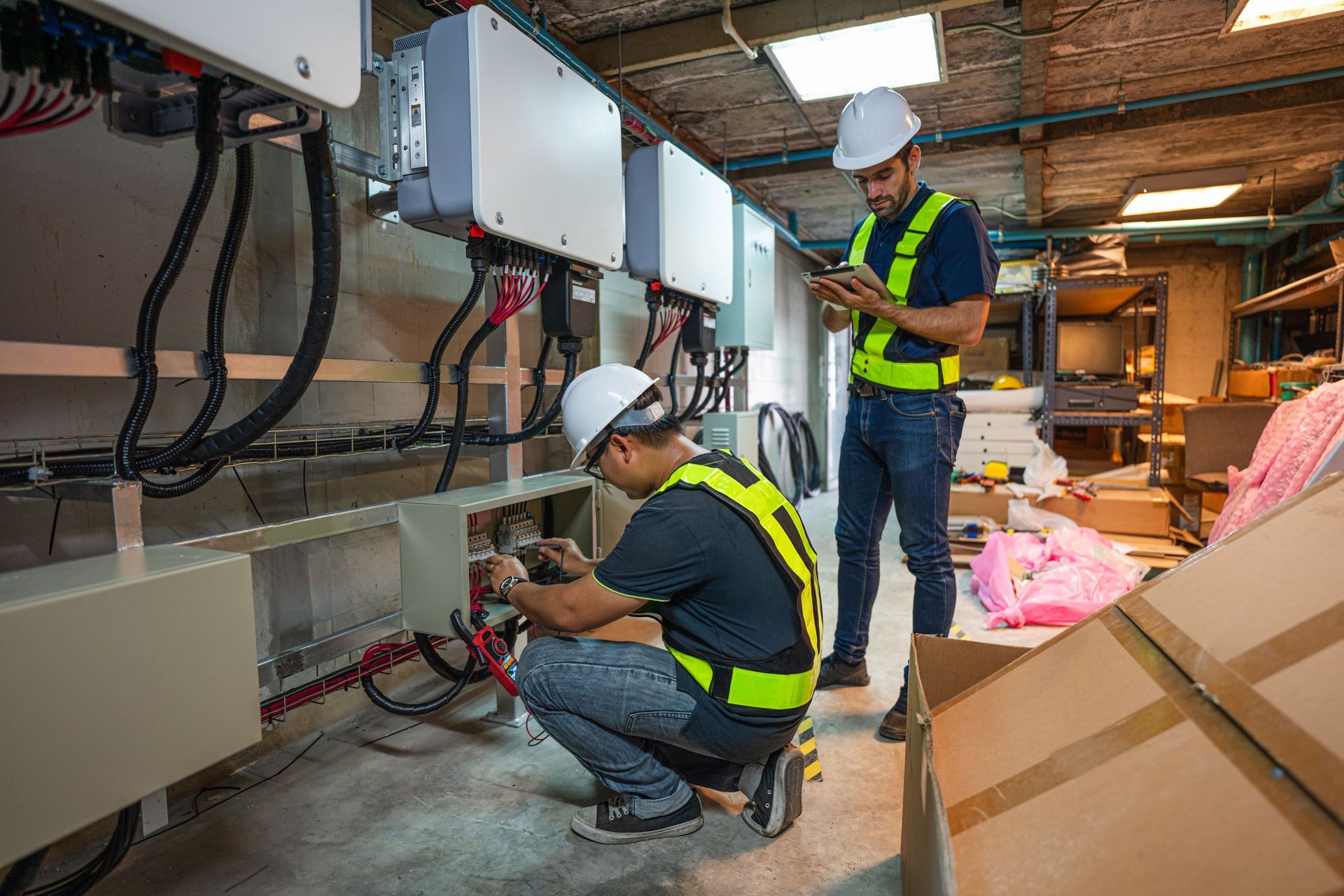 Two electricians working on electrical panel, one crouched, the other standing with a tablet.