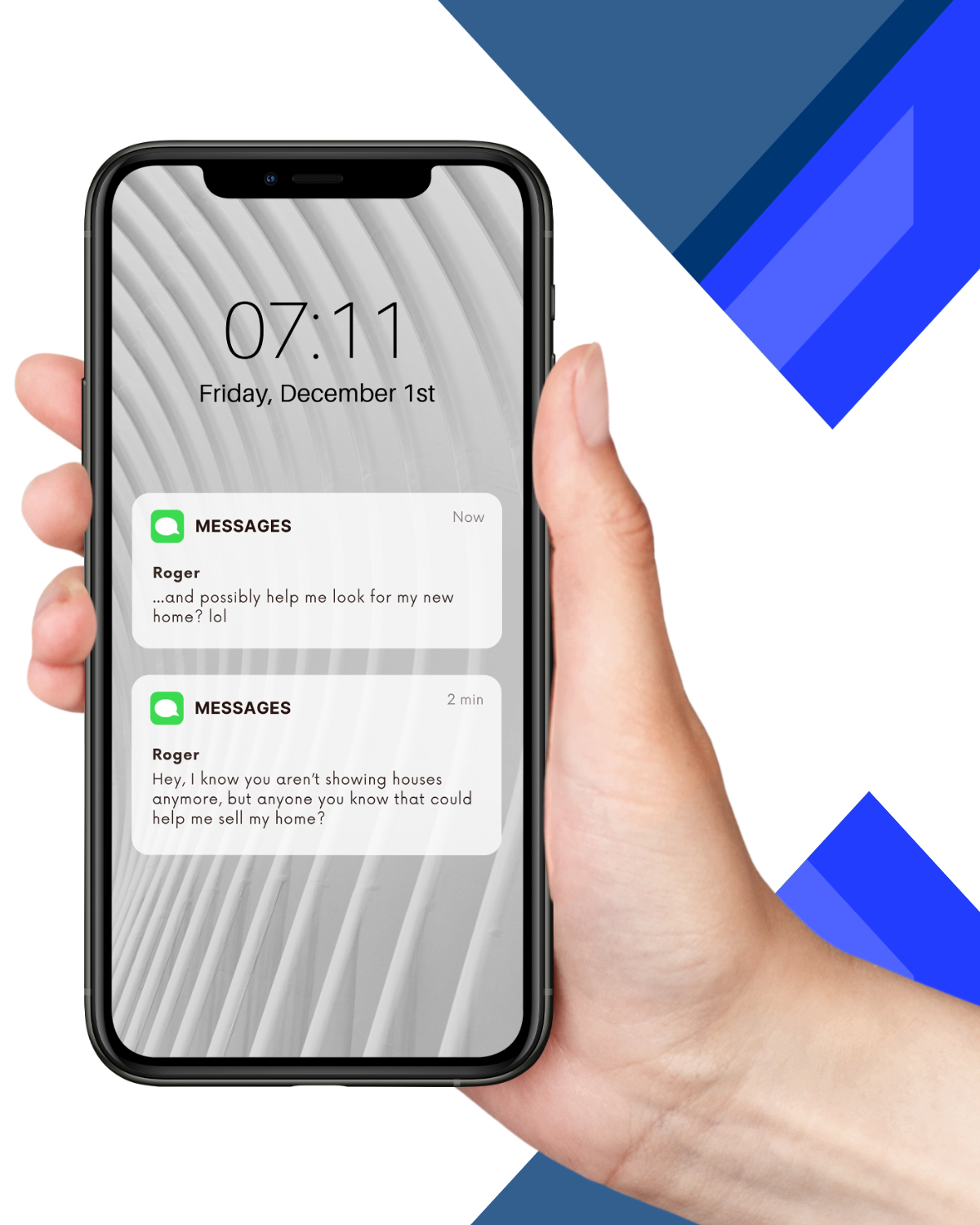 A person is holding a cell phone with messages on it