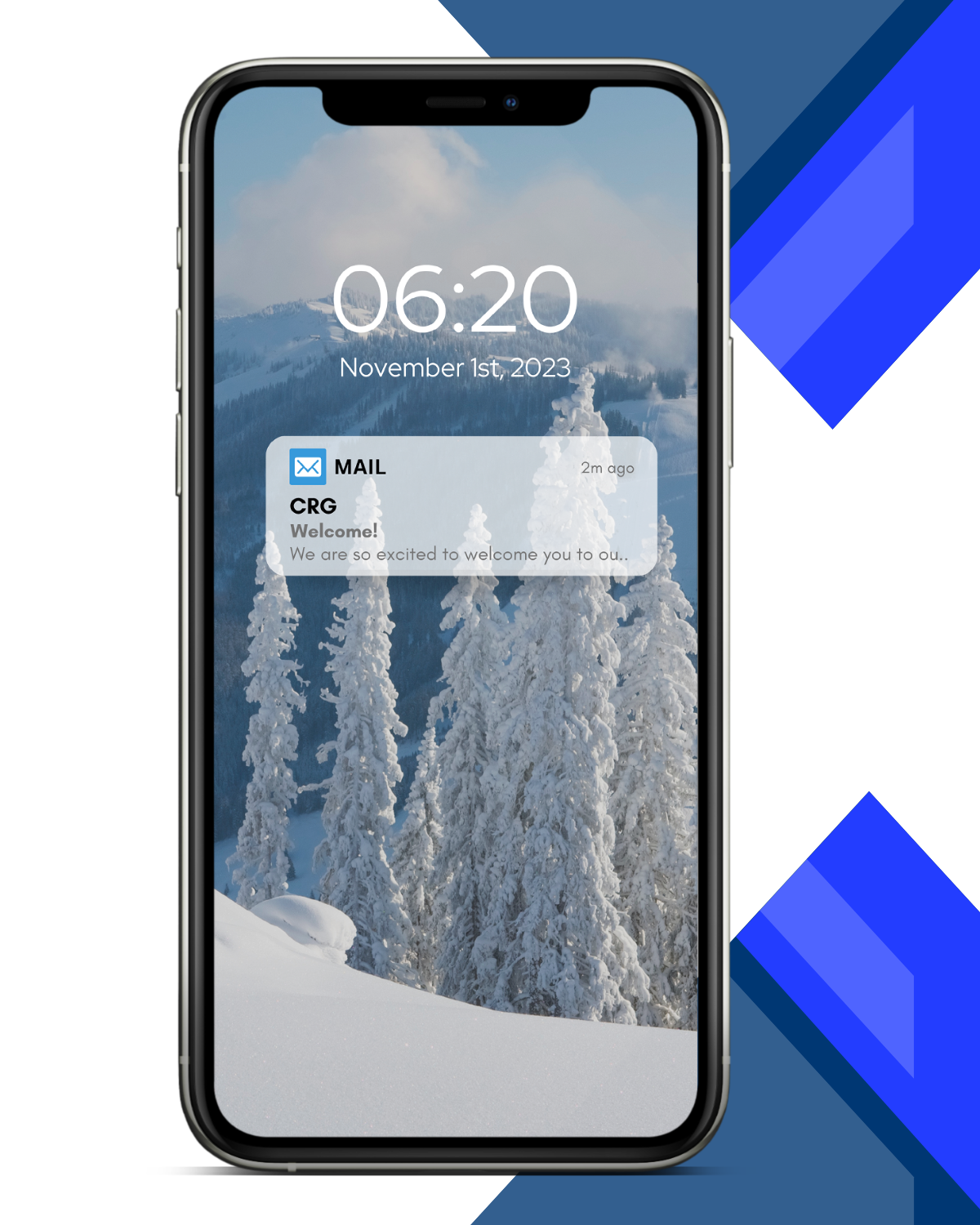A cell phone with a picture of snowy trees on the lock screen