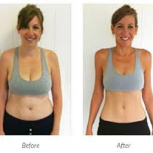 A before and after picture of a woman in a sports bra