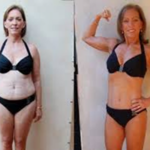 A before and after picture of a woman in a bikini.