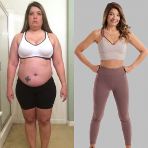 A before and after photo of a woman 's weight loss