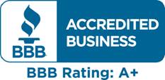 A blue and white sign that says `` accredited business bbb rating : a + ''.