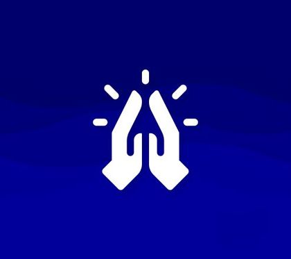 A white icon of two hands giving each other a high five on a blue background.
