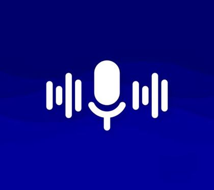 A white microphone icon on a blue background.