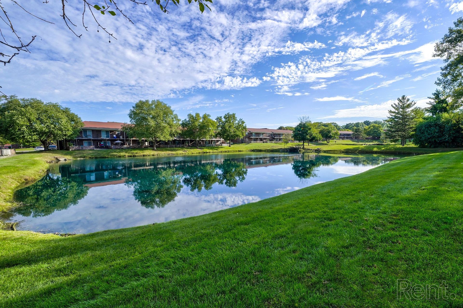 There is a large pond in the middle of a lush green field.