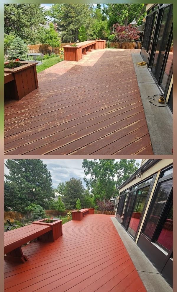Before and after photos of a wooden deck stained red.