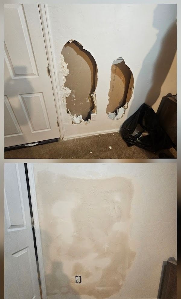 Damaged wall before and after repair. Holes in drywall patched and painted; electrical outlet visible.