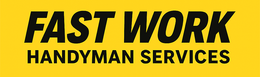 "Fast Work" handyman services logo, black text on a yellow background.