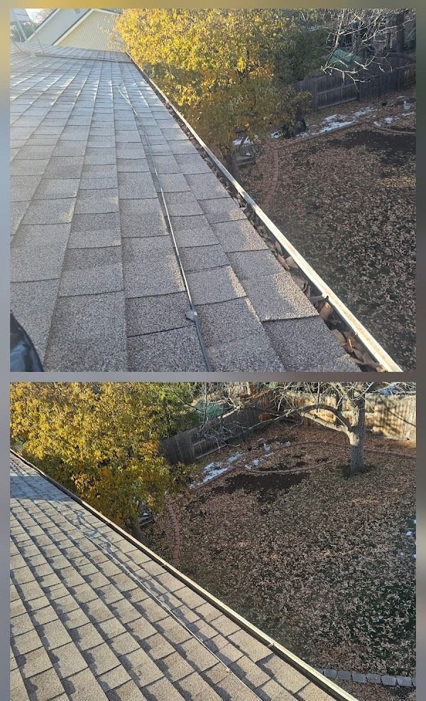 Two side-by-side views of a roof with gutters, before and after cleaning, with trees in the background.