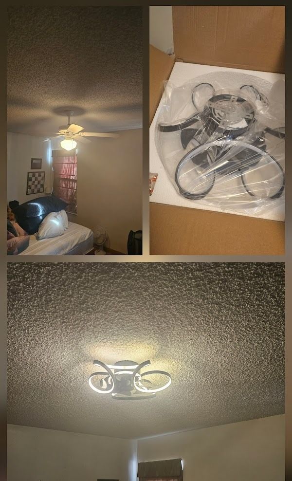 Ceiling fan and new modern ceiling light, with open box showing parts. Installed light glowing white.