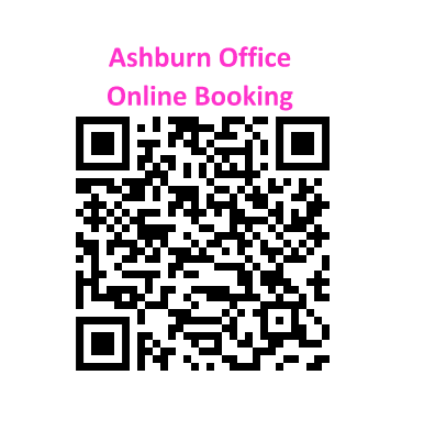 QR code for Ashburn Office Online Booking in black and white with pink text overlay.