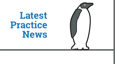 Latest practice news text with penguin illustration.