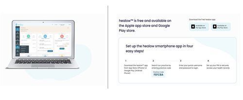 Laptop displaying a dashboard interface, alongside instructions for downloading and setting up a smartphone app.