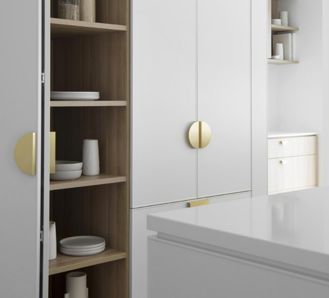 White and Wood Pantry With Open Shelves, White Cabinets, Gold Hardware in a Bright Kitchen — Zero 21 Fit-Outs & Joinery: Kitchen Renovation Gold Coast in Molendinar, QLD
