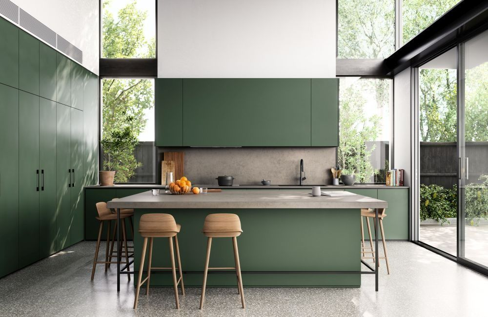 Modern kitchen with green cabinets, island, and tall windows overlooking greenery. — Zero 21 Fit-Outs & Joinery: Kitchen Renovation Gold Coast in Molendinar, QLD