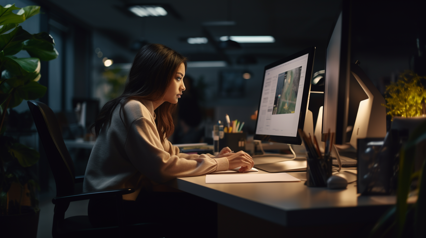 A woman is sitting at a desk in front of a computer.