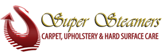 Logo for Super Steamers carpet cleaning services; includes a red arrow/swoosh design and company text in gold and red.